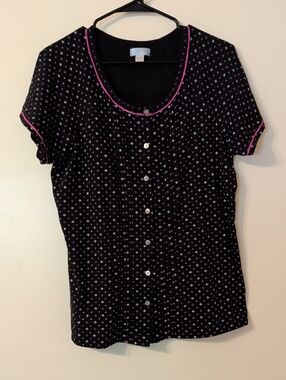 Celestial Dreams Women’s Black Short-Sleeved Pajama Set, Pink Piping, Size LG